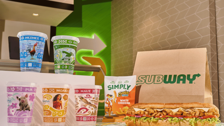 A retail counter display showcasing the Moana Movie Meal Deal at a restaurant location.