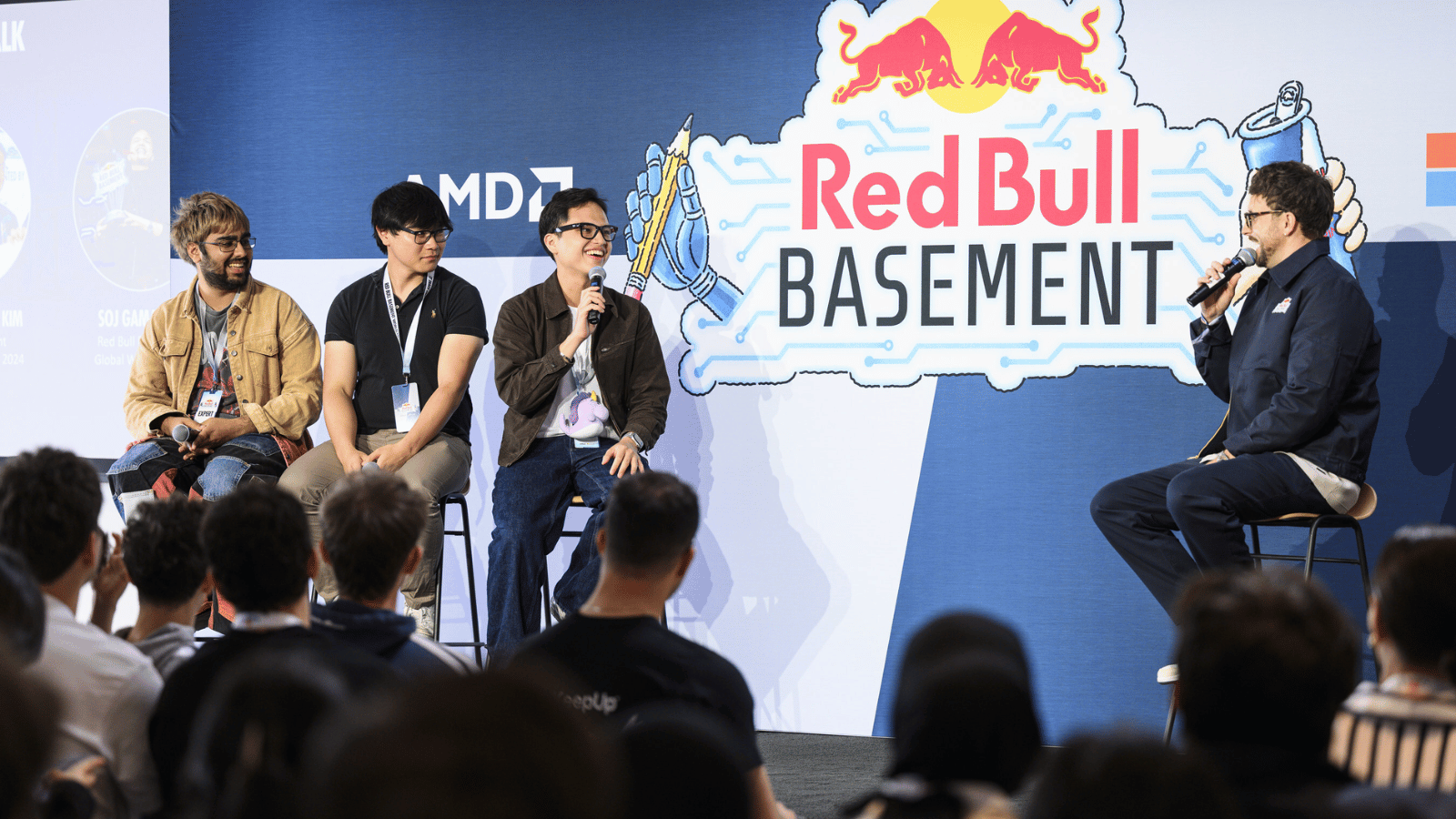 An early stage technology founder presenting an application at the Red Bull Basement Startup Competition World Final.