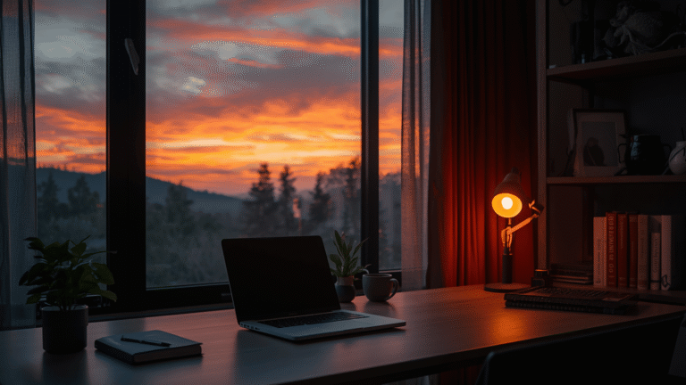 A minimalist landscape photo of a cozy home office desk