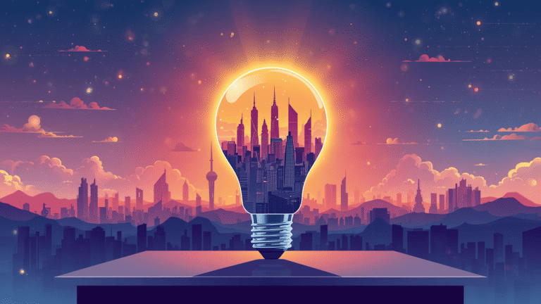 A conceptual illustration of billionaire startup ideas growing from abstract lightbulbs into massive digital skyscrapers.