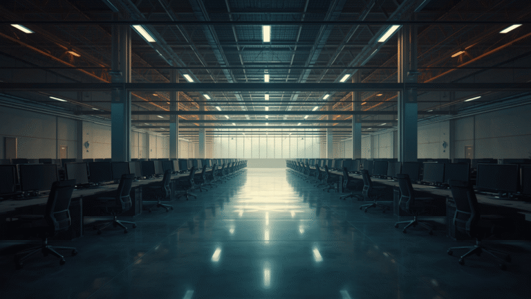 A wide landscape view of an ultra-modern, abandoned warehouse office