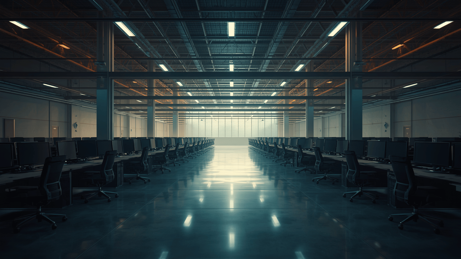 A wide landscape view of an ultra-modern, abandoned warehouse office