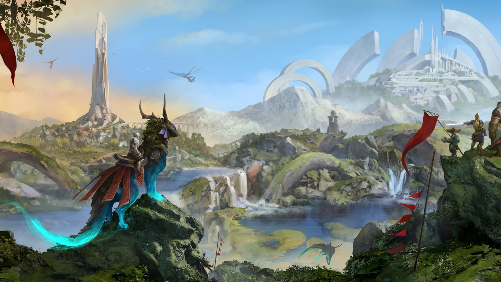 A stylized fantasy environment displaying the open world design of Guild Wars 3.